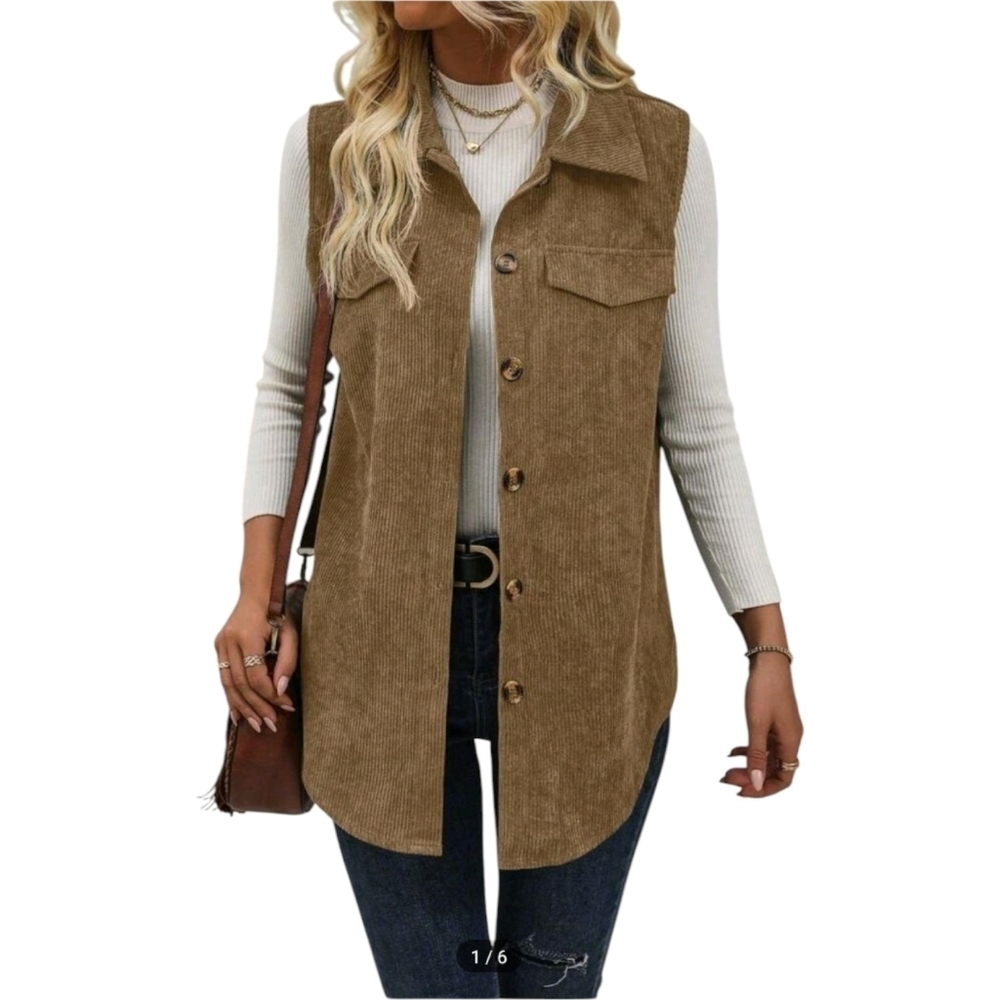 SHEIN LUNE Women's Button Front Sleeveless Casual Style Tunic Vest Corduroy